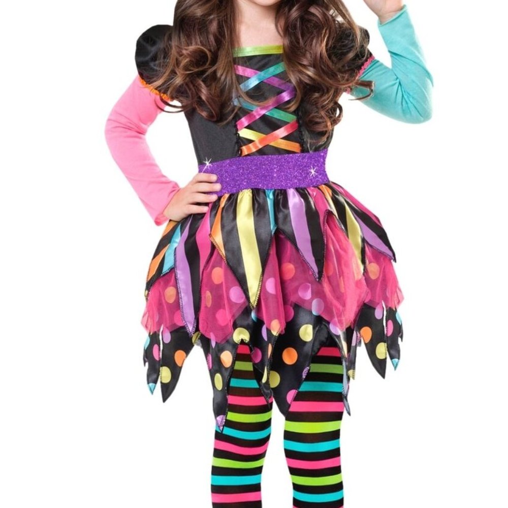 Girls Sz M 8-10 Miss Matched Witch Rainbow Dress Costume